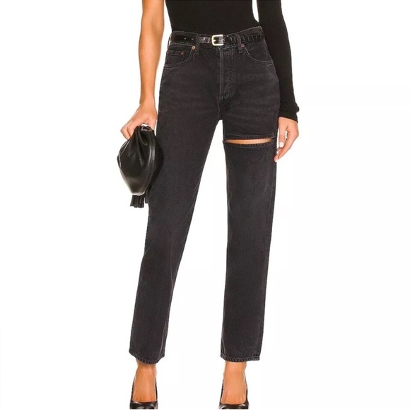 Agolde Denim - AGOLDE Lana Slice Mid-rise Straight-leg Jeans Distressed Black Gray Leg Hole
